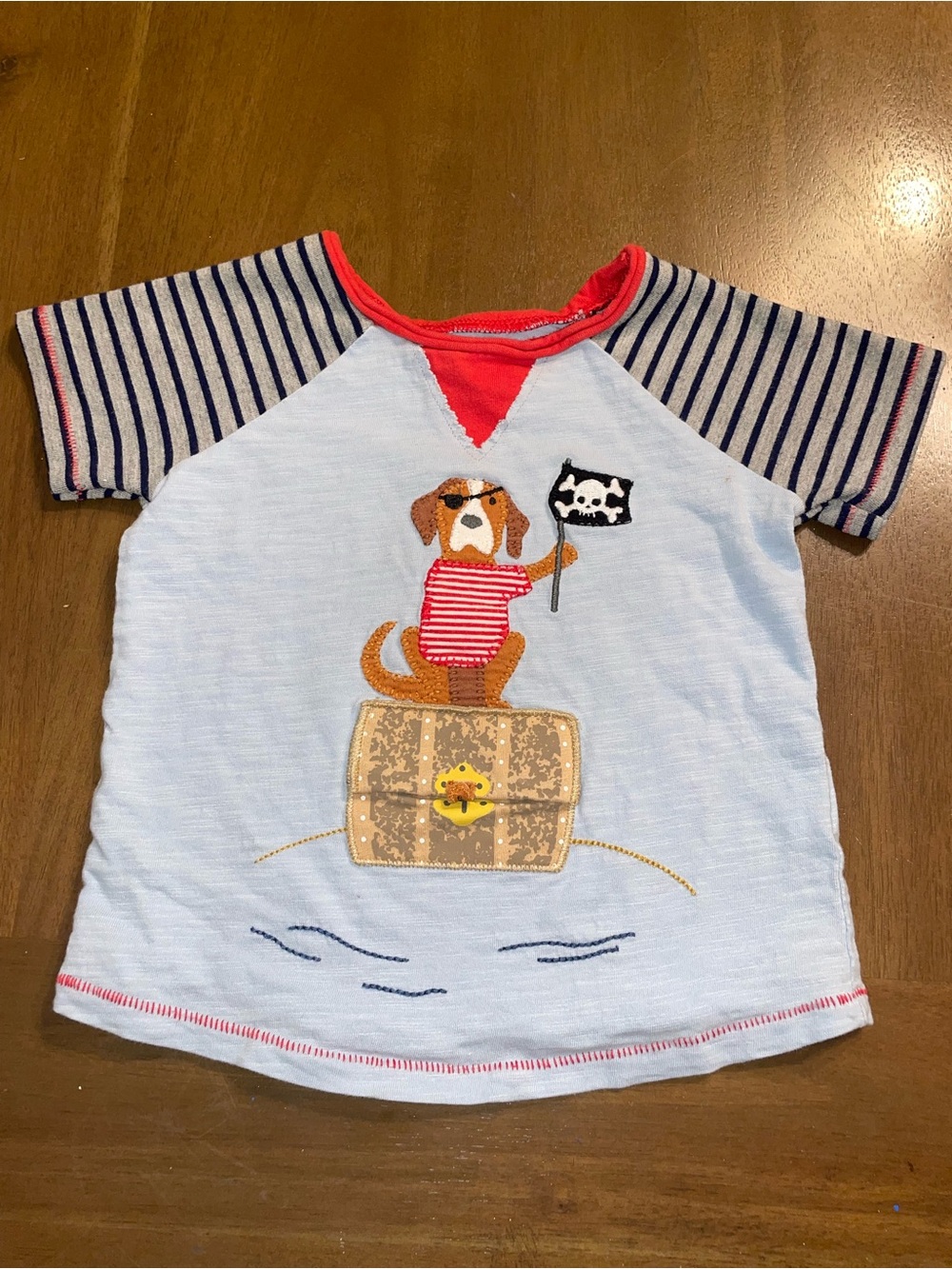 Mud Pie Light Blue Tee with Navy Striped Sleeves and Red Trim